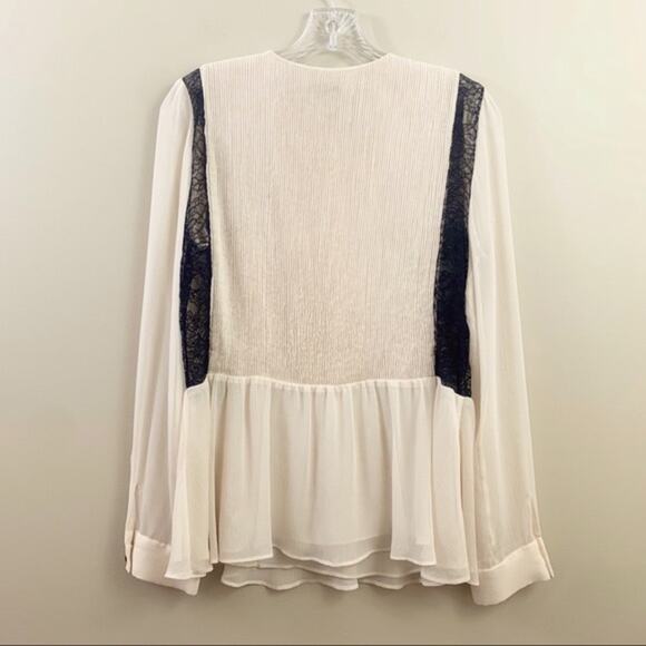 Alice + Olivia Elysia Lace Paneled Plisse-Georgette Off White/Black Peplum Top - Picture 8 of 12